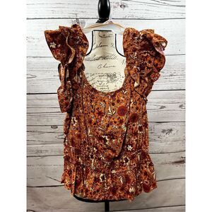 Luna Moon Floral‎ Print Tiered Maxi Skirt Boho Festival Orange Brown Size L